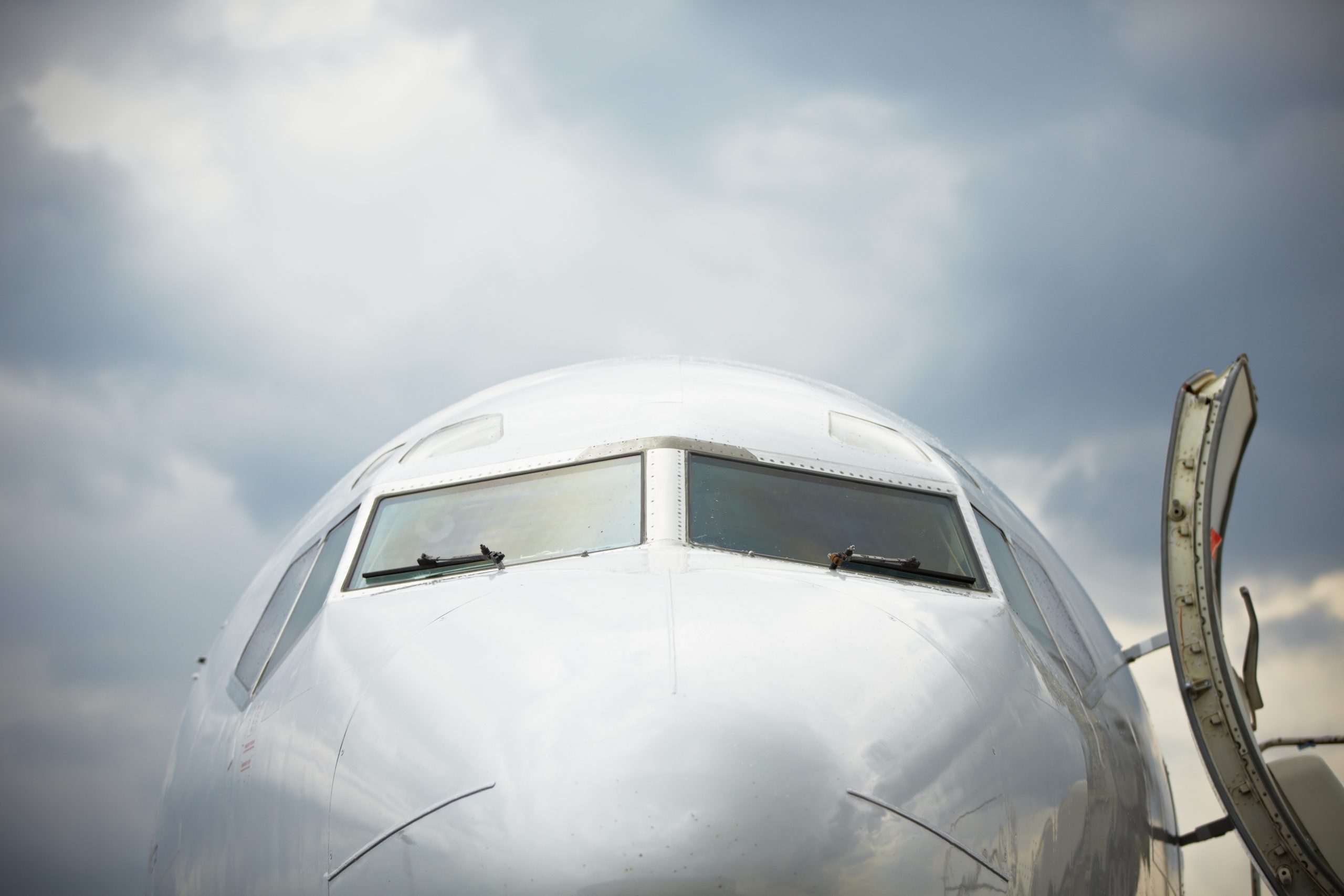 Front view of airplane in bad weather